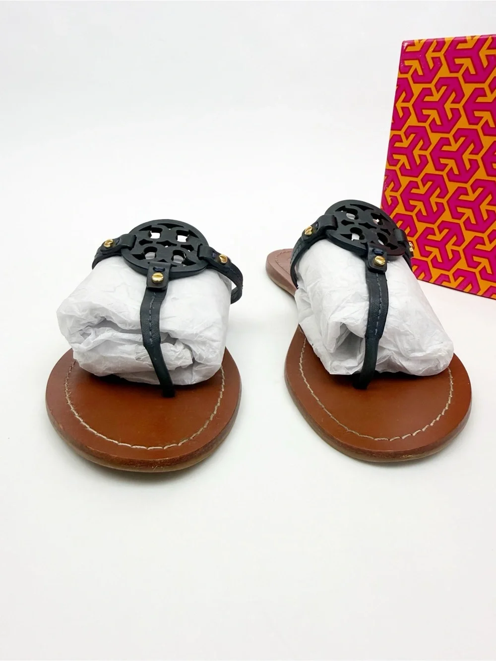 Tory Burch Gabriel Flat Tong Sandals Bright Navy Blue Veg Leather